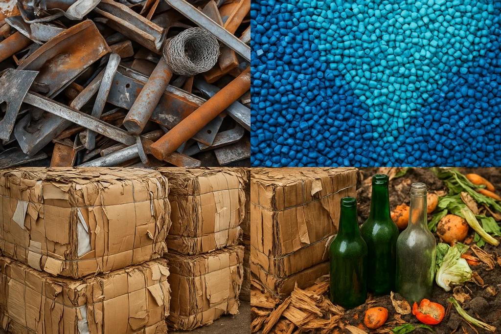 Tipos de residuos industriales listos para reciclaje: metal oxidado, pellets de plástico azul, cartón prensado y botellas de vidrio con desechos orgánicos