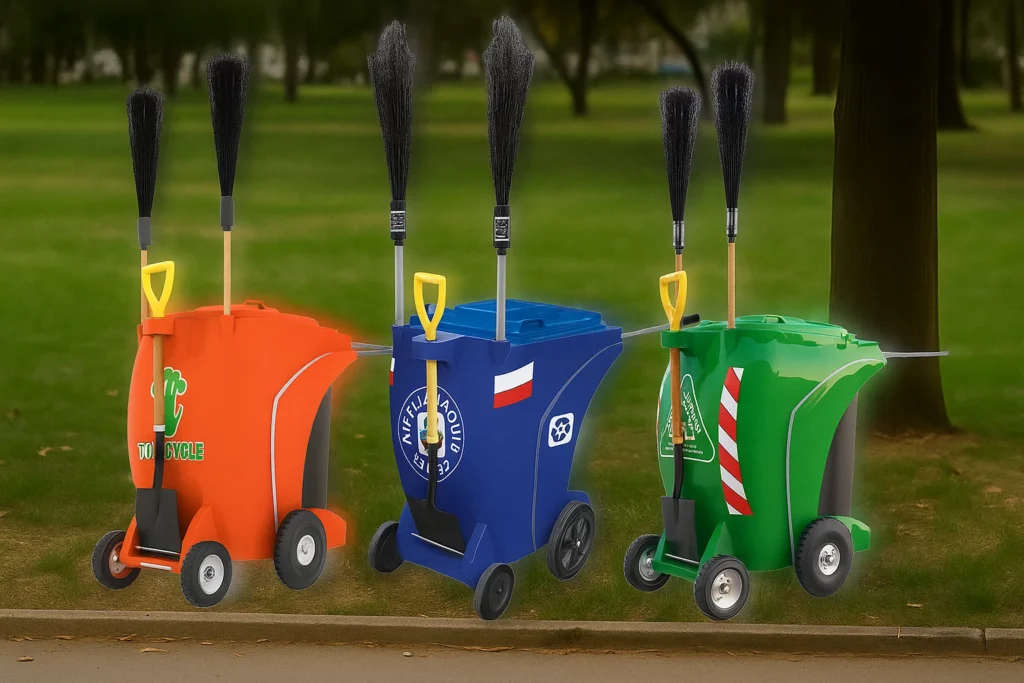 Carros barrenderos en colores naranja, azul y verde, con pala y escobas, diseñados para limpieza urbana y mantenimiento de espacios públicos.
