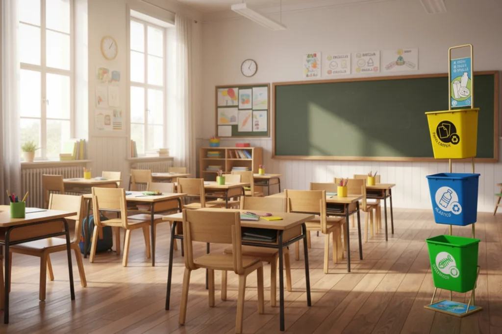 Contenedores de separación de residuos en un salón de clases