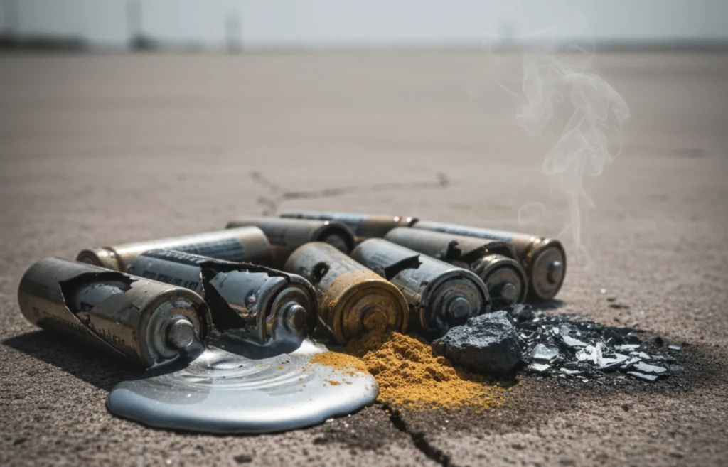 Baterías usadas derramando químicos en el suelo, evidenciando la necesidad de un depósito especial para evitar la contaminación ambiental.