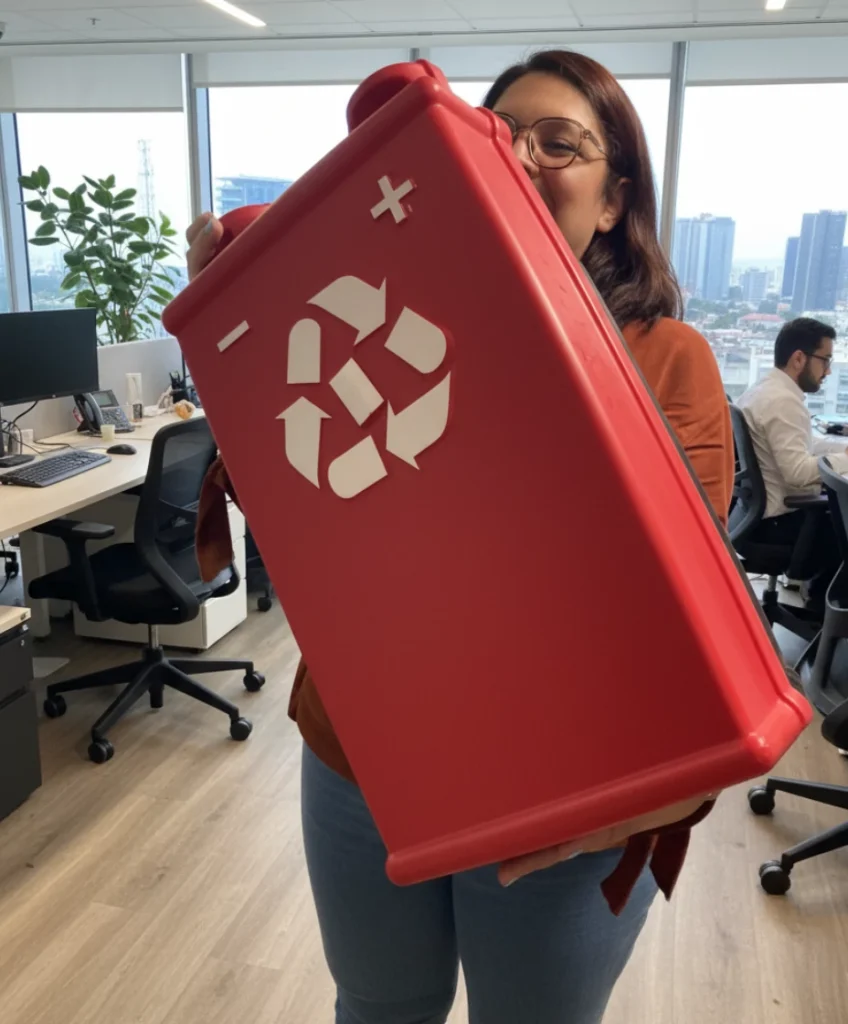Recolector de baterias de tamaño mediano dentro de una oficina, diseñado para almacenar baterías agotadas y promover el reciclaje responsable.