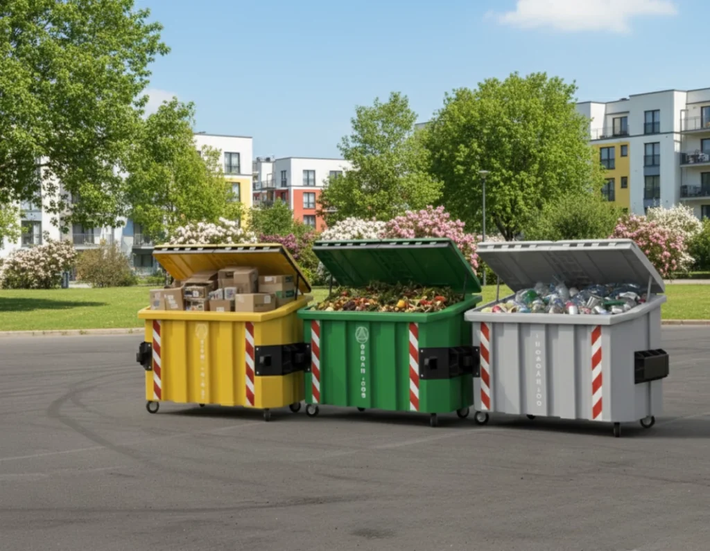 Contenedores de basura industriales para papel y cartón, residuos orgánicos e inorgánicos colocados en una zona urbana.
