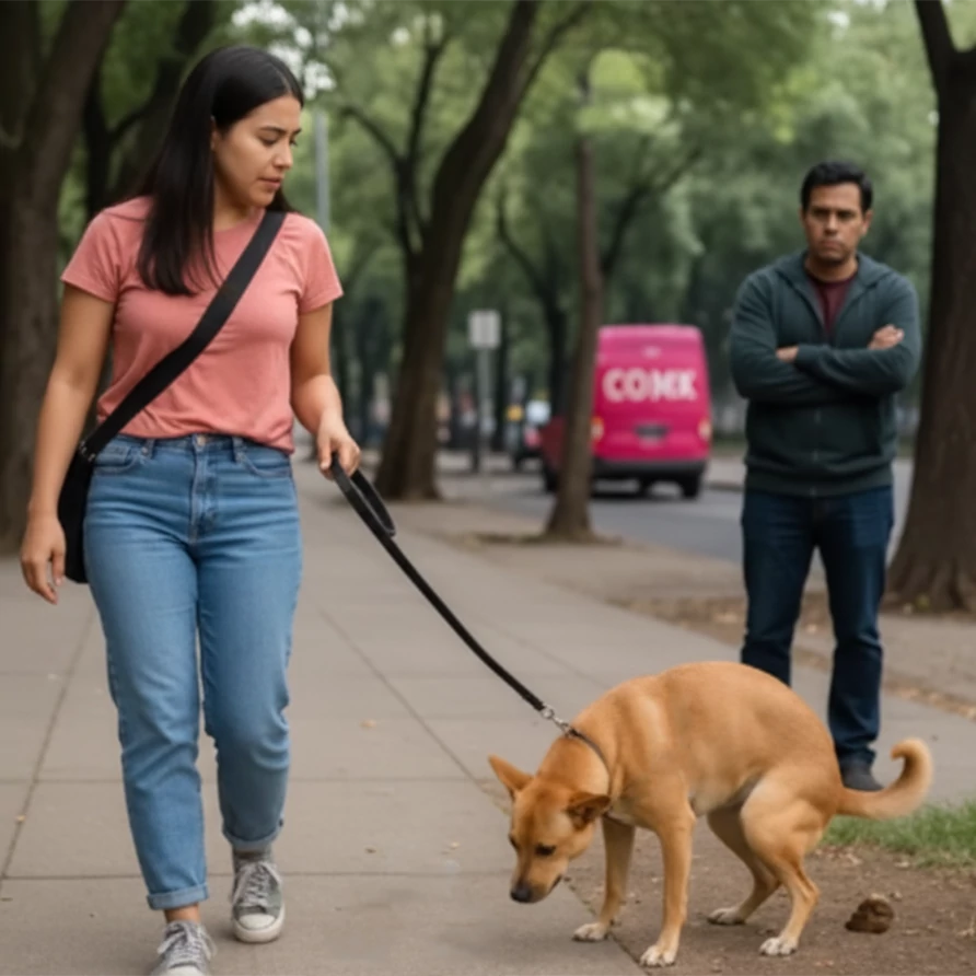Dueña caminando con su perro sin recoger las heces, mostrando el problema de la contaminación en banquetas.