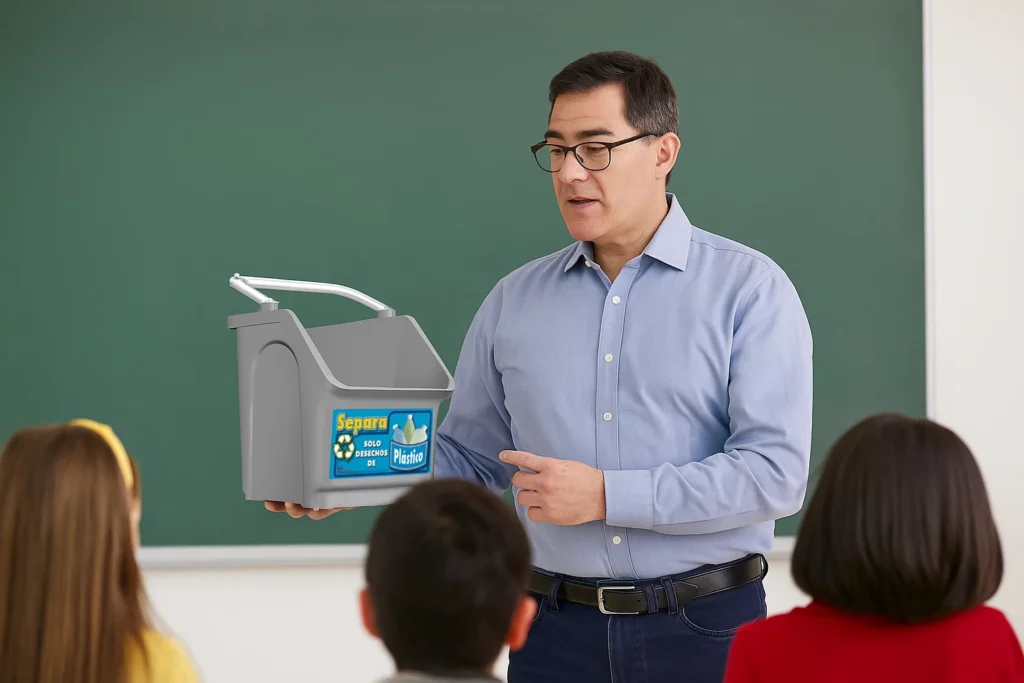 Maestro mostrando un contenedor de plástico a estudiantes en la escuela