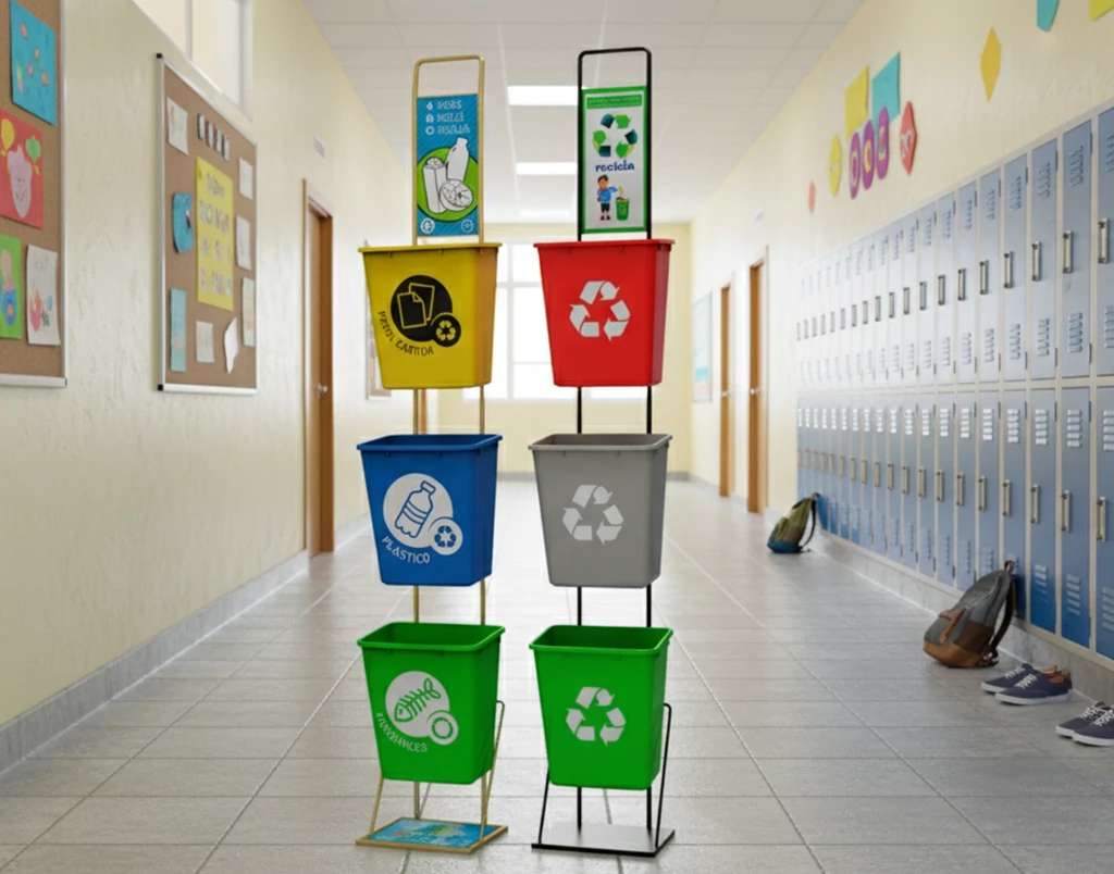Estación de separación de residuos con contenedores de colores en un pasillo escolar