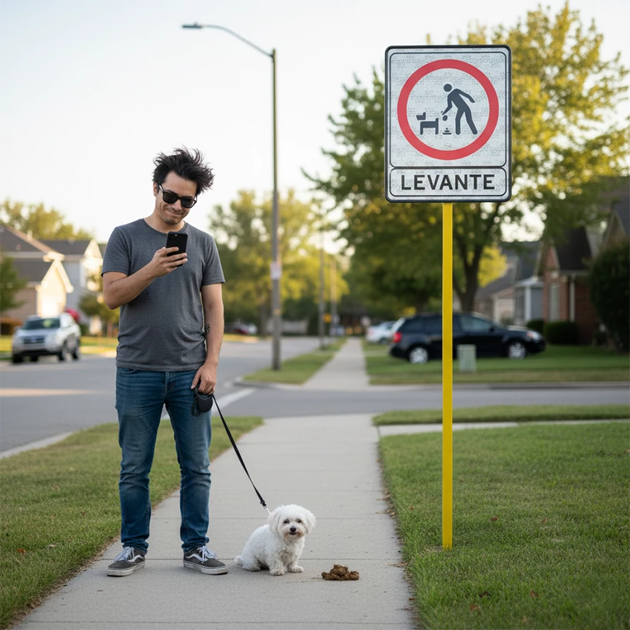 Hombre distraído con el celular ignorando señal de levante de excremento canino, ejemplo de falta de responsabilidad.