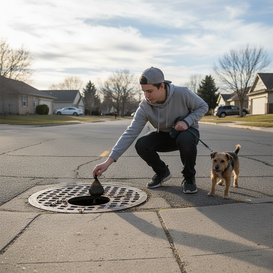 Error común: joven arrojando desechos caninos en la coladera, práctica que contamina el agua.