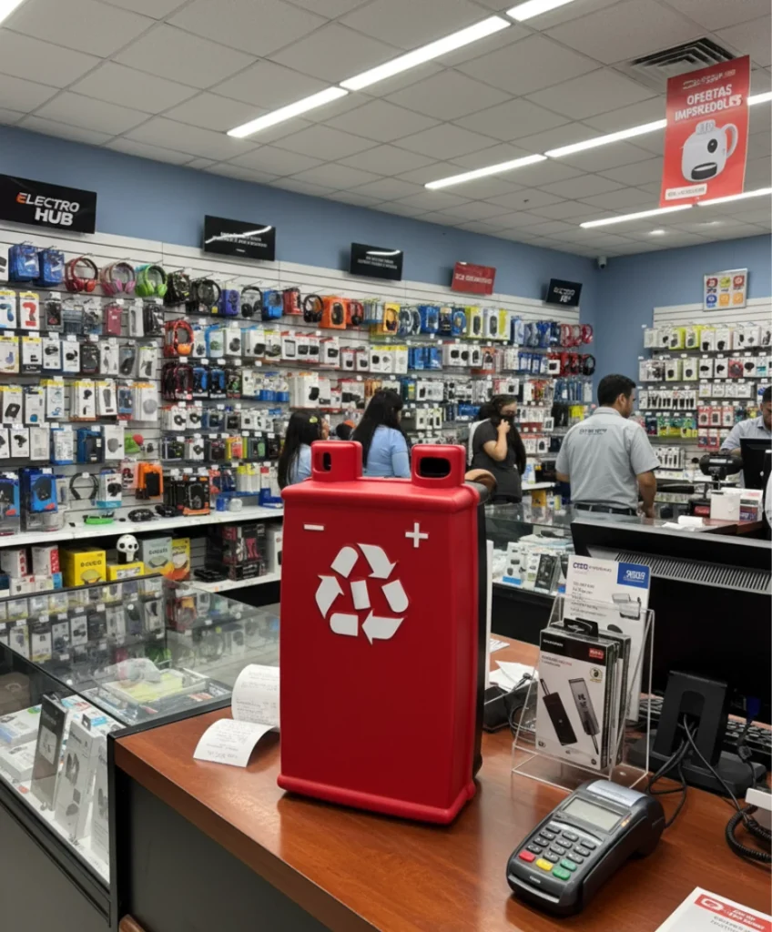 Depósito ecológico para baterías colocado en el mostrador de una tienda de electrónicos, disponible para que los clientes dejen baterías usadas.
