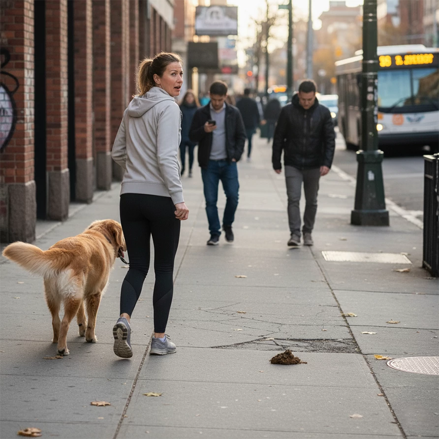 Heces de perro en la acera sin recoger, mostrando la necesidad de papeleras para desechos caninos.