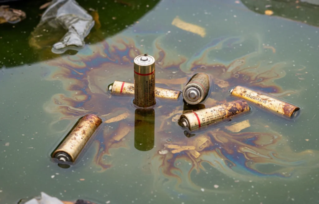Pilas corroídas flotando en agua contaminada, reflejo del daño ambiental que se puede prevenir con un recolector especial.