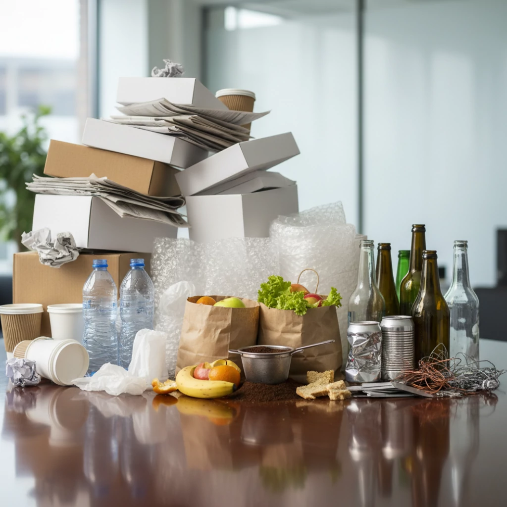 Residuos industriales como papel, cartón, plásticos, vidrio y orgánicos listos para separarse en contenedores de basura industriales.