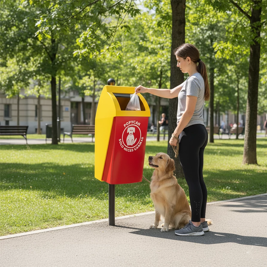 Mujer depositando heces de perro en una papelera para desechos caninos en el parque, acción responsable y correcta.