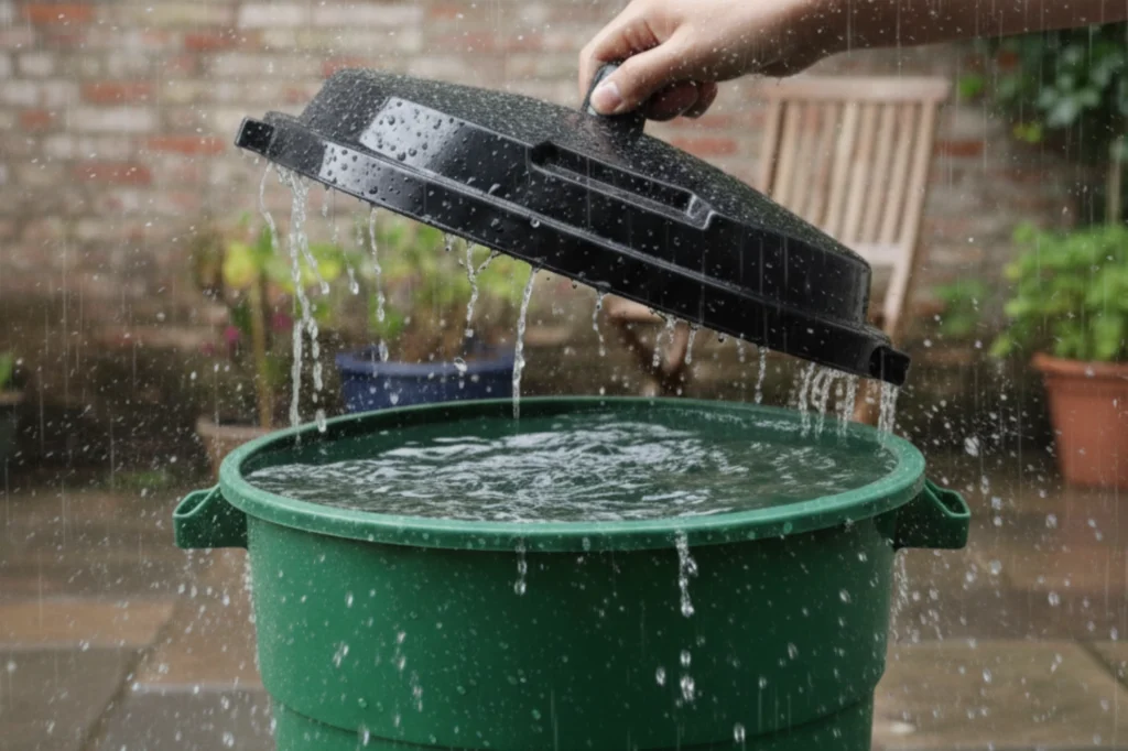 Contenedor de plástico para captar agua de lluvia en el hogar durante una tormenta.