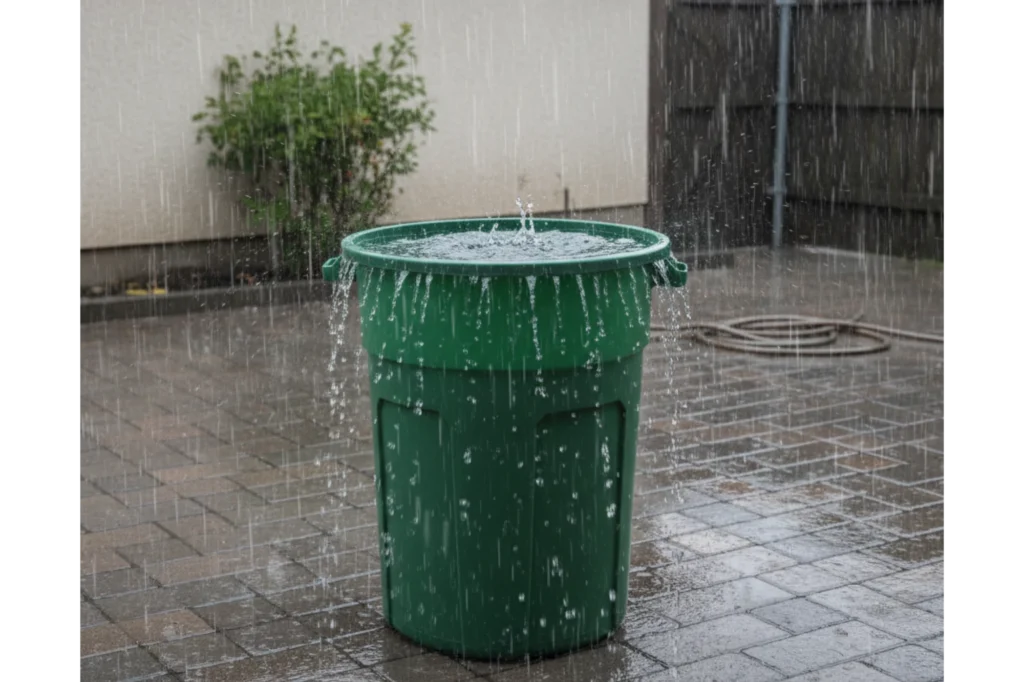 Bote de plástico recolectando agua de lluvia en patio residencial.