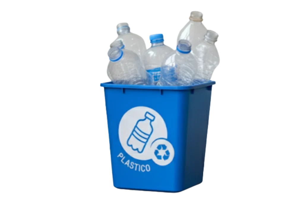 Contenedor azul con botellas PET, usado para enseñar los colores de reciclaje para niños en la categoría de plásticos.