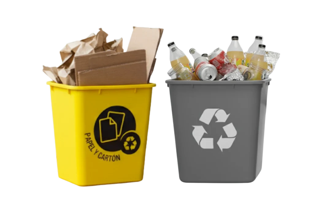 Contenedores amarillo y gris para papel, cartón y residuos inorgánicos reciclables dentro del sistema de colores de reciclaje para niños.