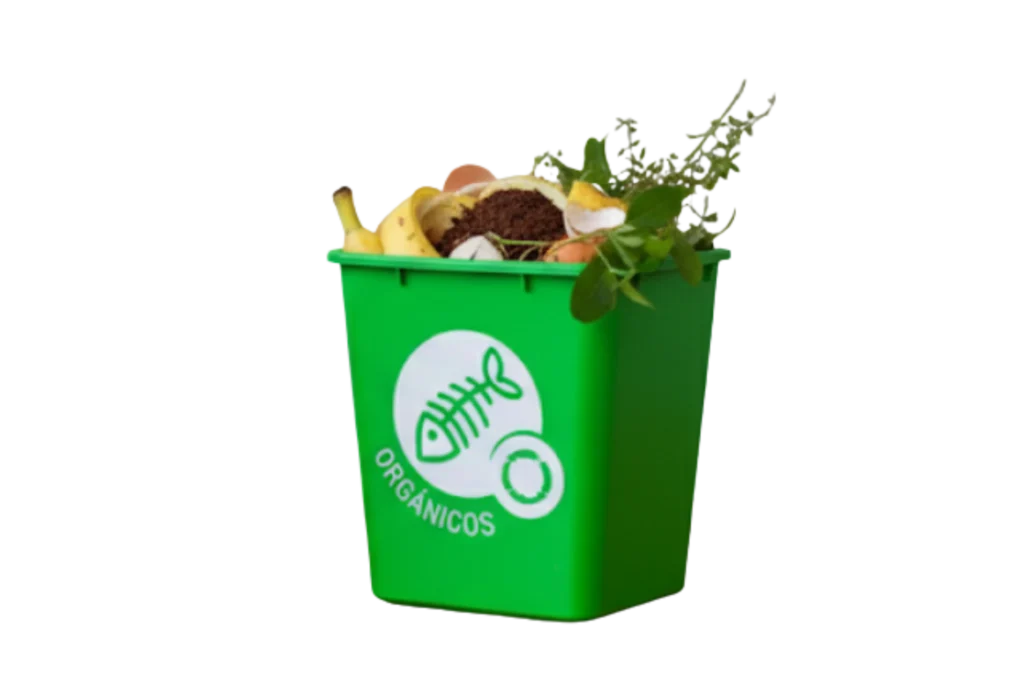 Bote verde con desechos biodegradables, ideal para enseñar a los alumnos la separación de residuos orgánicos.