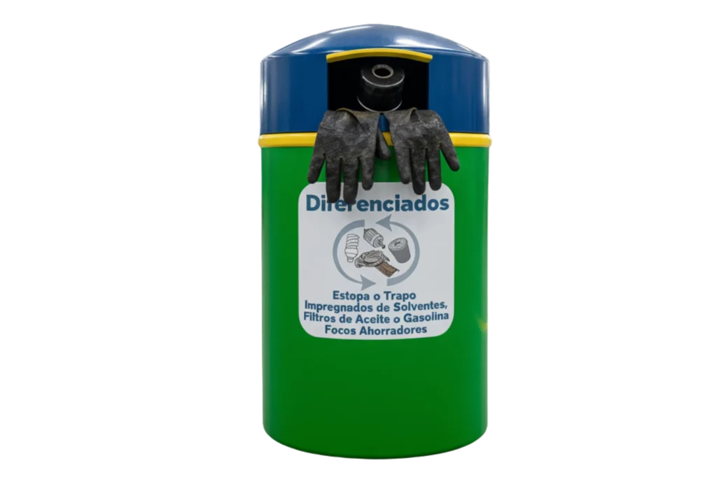 Contenedor verde para residuos peligrosos en taller mecánico, ideal para depositar trapos impregnados de solventes, filtros de aceite o gasolina y mantener el área limpia.