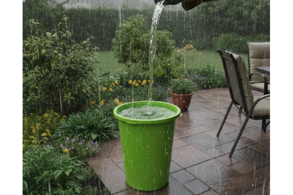 Recipiente para agua de lluvia colocado en jardín como solución casera de captación.