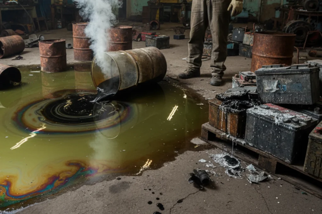 Fuga de aceite y desechos tóxicos en taller mecánico por manejo inadecuado de residuos, mostrando el impacto ambiental de una mala gestión.