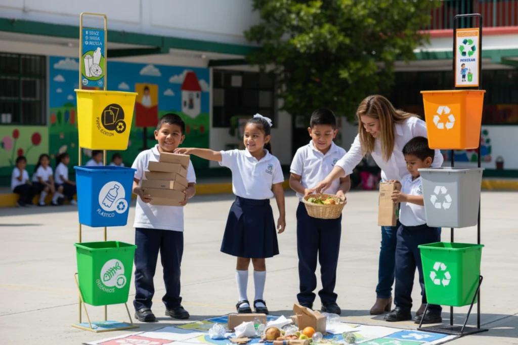 Actividad escolar donde los alumnos aprenden los colores del reciclaje a través de dinámicas y juegos educativos.