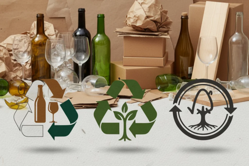 Símbolos del reciclaje en materiales de vidrio, cartón y papel reciclado.