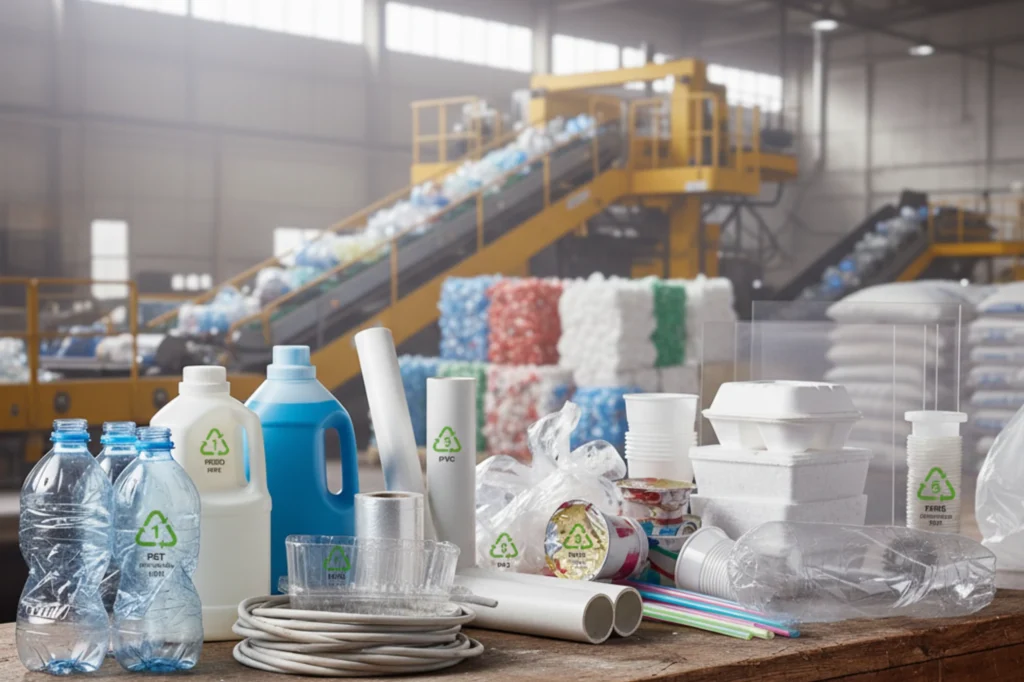 Símbolos del reciclaje impresos en botellas y envases plásticos reutilizables.