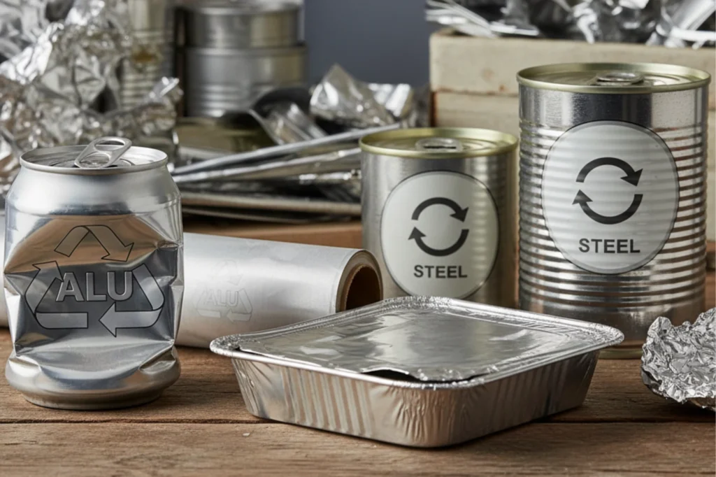 Iconos de reciclaje para envases de aluminio y acero reutilizable