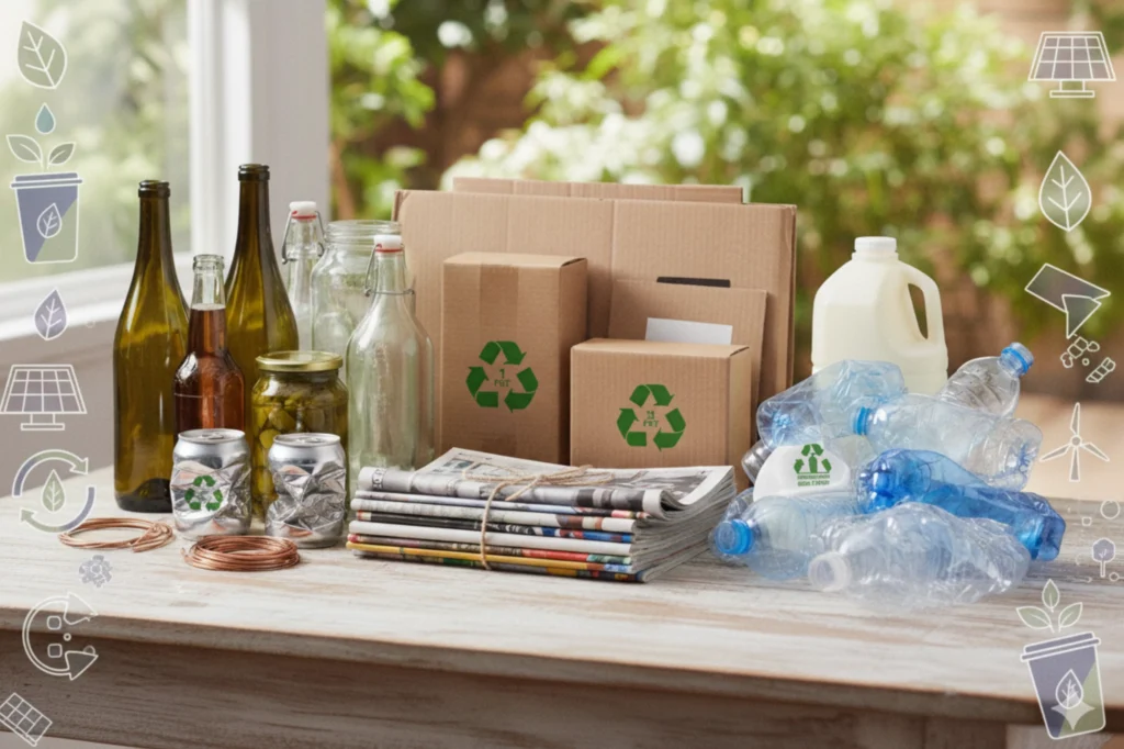 Símbolos del reciclaje aplicados a materiales separados para su recolección.