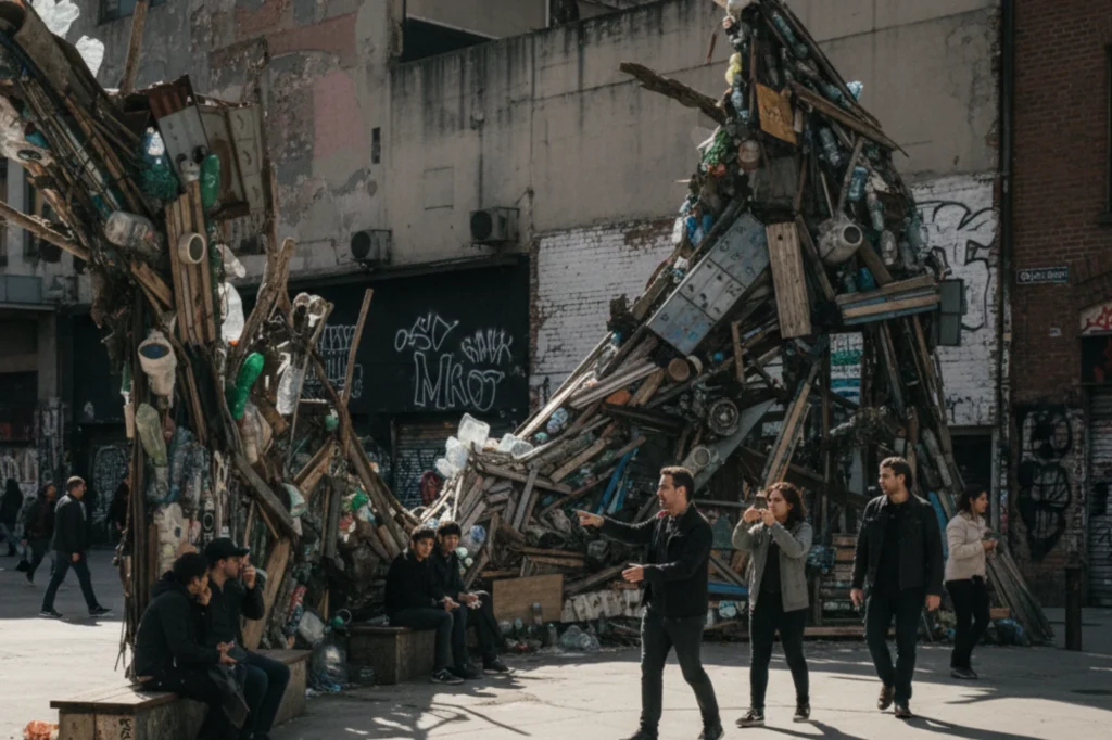 Instalación artística hecha con objetos recuperados muestra cómo la reutilización de materiales puede generar nuevas formas de arte y conciencia ambiental.