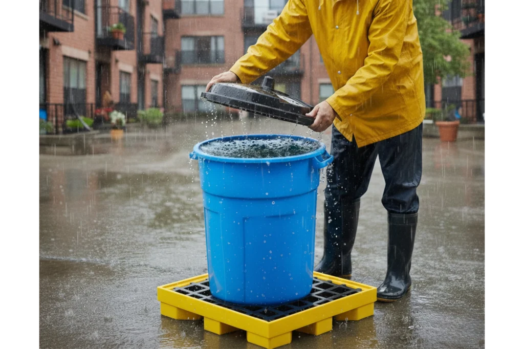 Tanque de plástico para almacenar agua de lluvia en zonas urbanas.