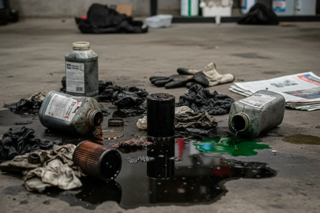 Trapos sucios, filtros de aceite y envases contaminados con solventes sobre el suelo de un taller mecánico, evidenciando la necesidad de una mejor limpieza y separación de residuos.