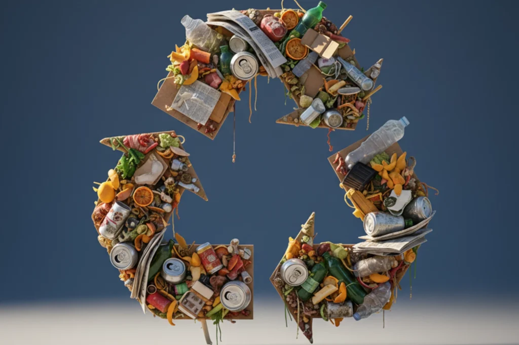 Emblema de reciclaje elaborado con materiales reutilizables y orgánicos.