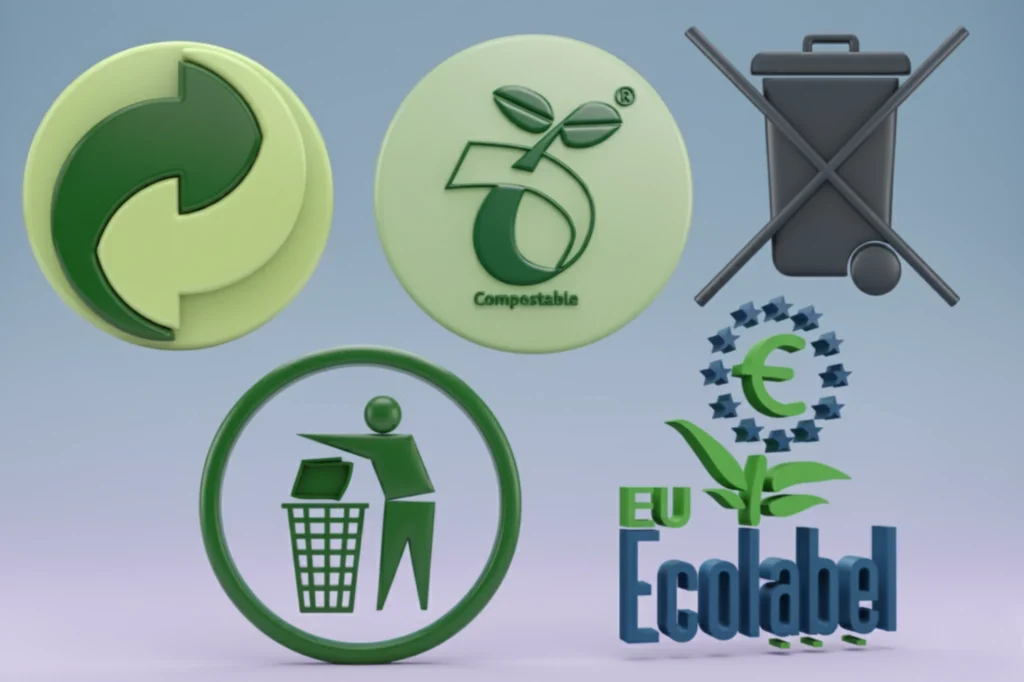 Certificaciones ambientales y símbolos ecológicos de sostenibilidad.