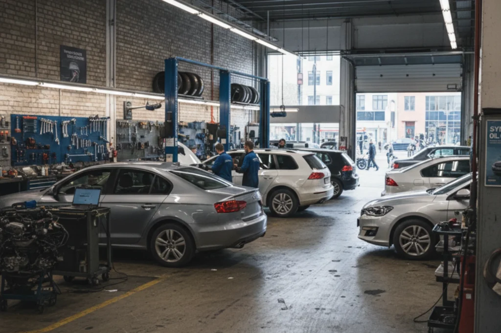 Taller mecánico en operación con autos en reparación y áreas limpias, ejemplo de buenas prácticas de mantenimiento y gestión responsable de residuos.