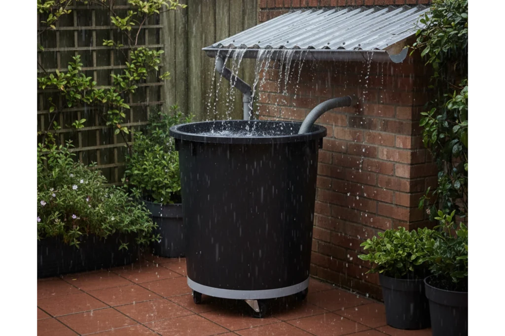 Contenedor de plástico con ruedas para recolección de agua pluvial en casa