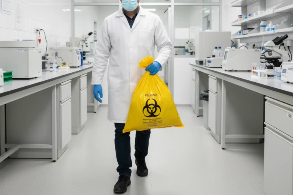 Profesional de laboratorio trasladando bolsa amarilla de residuo peligroso biológico infeccioso en área de análisis clínico.