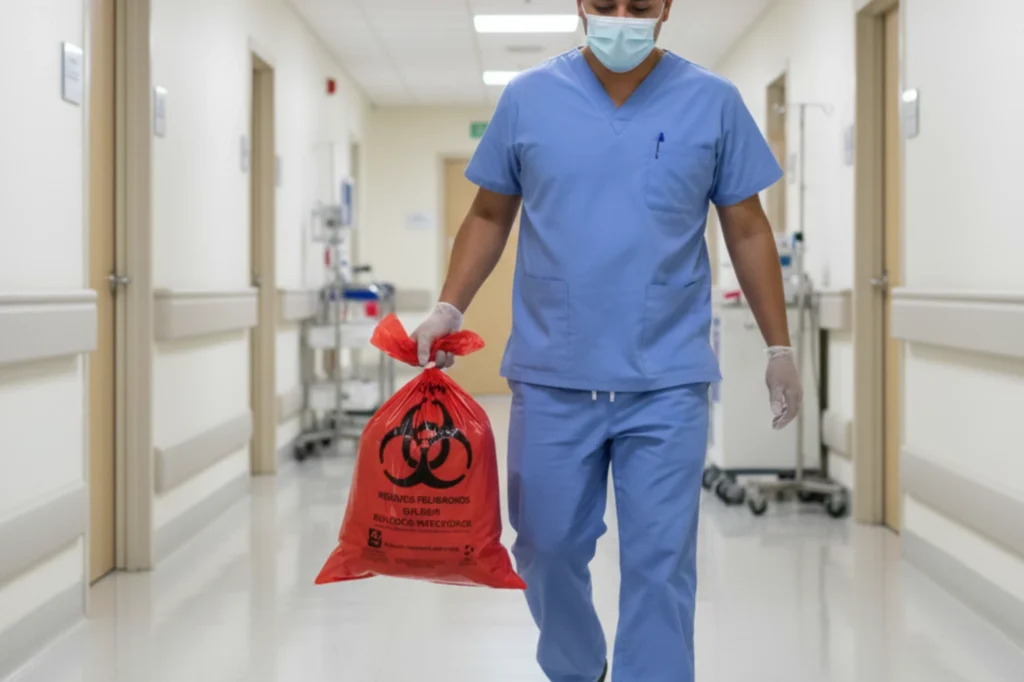 Personal de enfermería caminando por pasillo hospitalario con bolsa roja de residuo peligroso biológico infeccioso correctamente identificada.