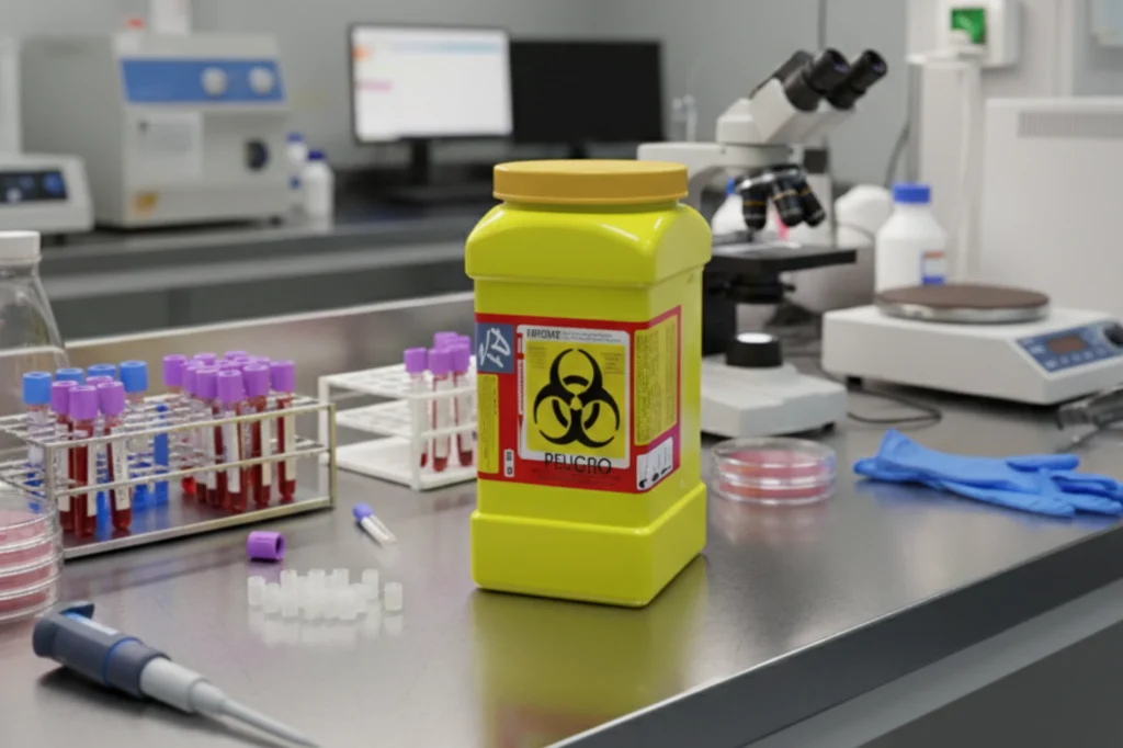 contenedor amarillo rígido para residuos biológico infecciosos sobre mesa de laboratorio con material de análisis de sangre.