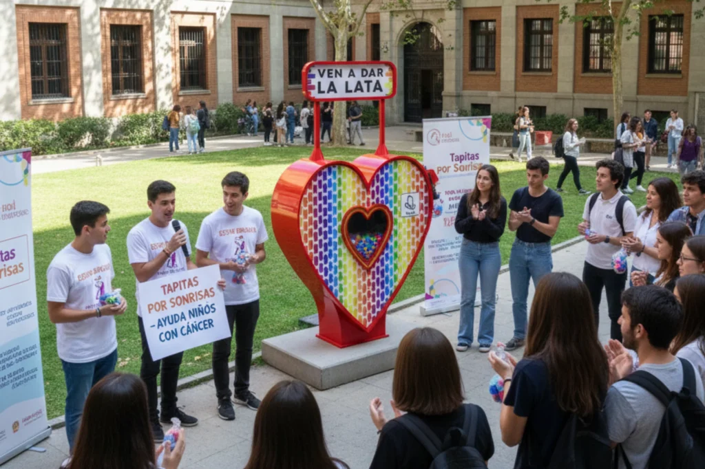 Jóvenes participando en una campaña escolar de reciclaje de tapitas junto a un contenedor con forma de corazón.