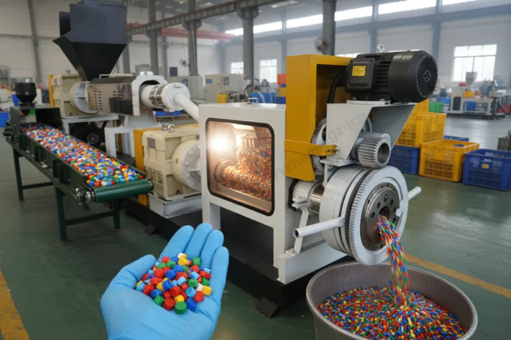 Máquina industrial procesando plástico proveniente del reciclaje de tapitas para convertirlo en pellets.