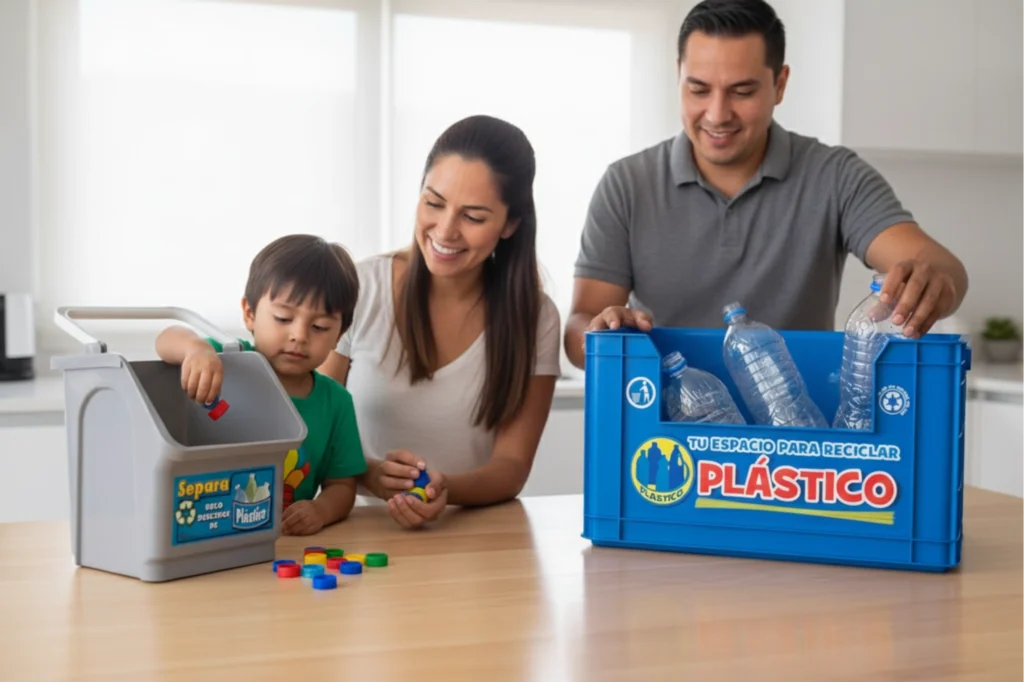 Familia enseñando a un niño a reunir tapas plásticas en casa como parte de una actividad ambiental.