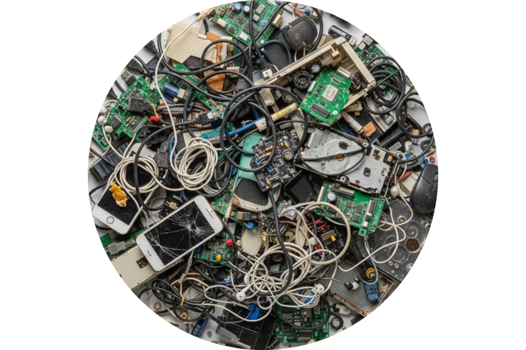 Desechos electrónicos con cables y placas dañadas, parte de los residuos que no se reciclan en los hogares.