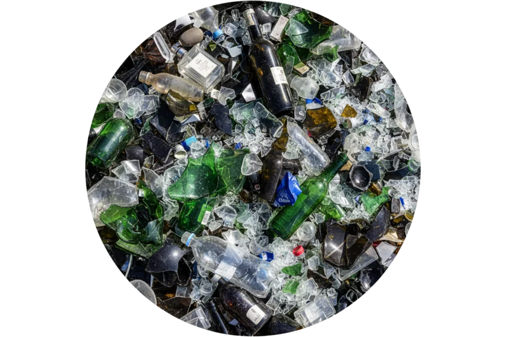 Vidrio roto y contaminado que representa materiales difíciles de reciclar por pérdida de pureza y fragmentación.