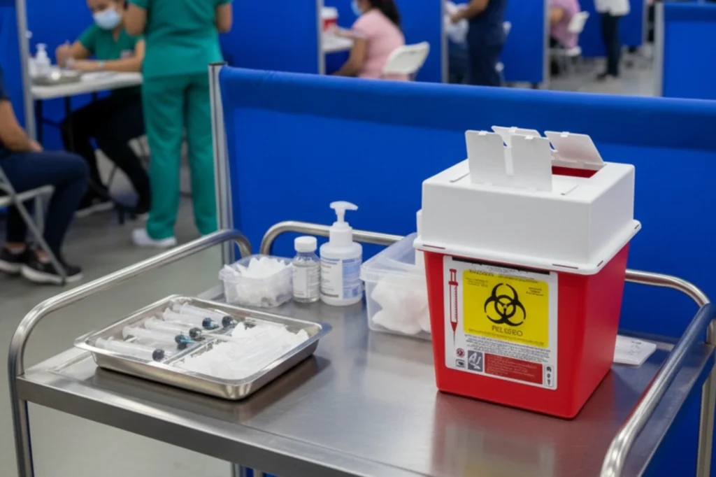Bote rojo para desechos biológico infecciosos junto a charola con jeringas usadas en área de vacunación hospitalaria.