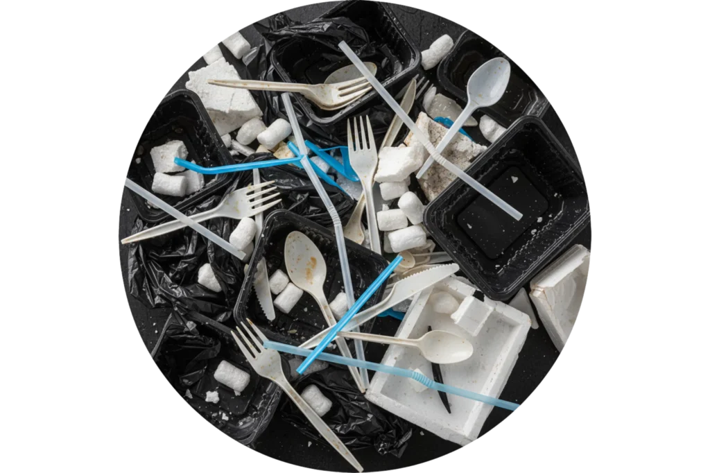 Plásticos desechables y empaques ligeros que forman parte de los materiales no reciclables en el entorno urbano.