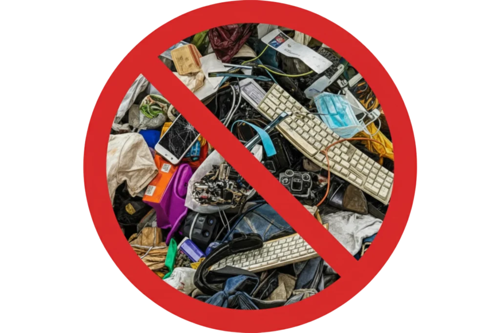 Residuos que son difíciles de reciclar como electrónicos y textiles señalados con símbolo de prohibición para promover una correcta separación.