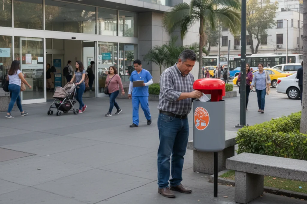 Hombre utilizando botes de basura urbanos para residuos sanitarios en una zona peatonal de la Ciudad de México.