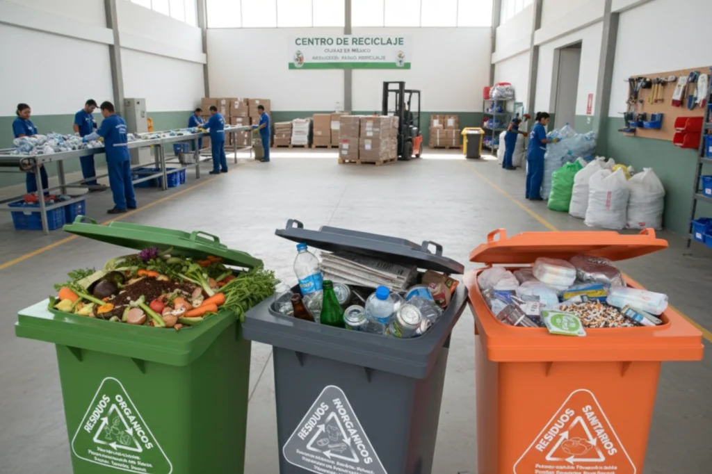 Centro de reciclaje mostrando cómo separar la basura correctamente en contenedores orgánicos, reciclables y sanitarios.