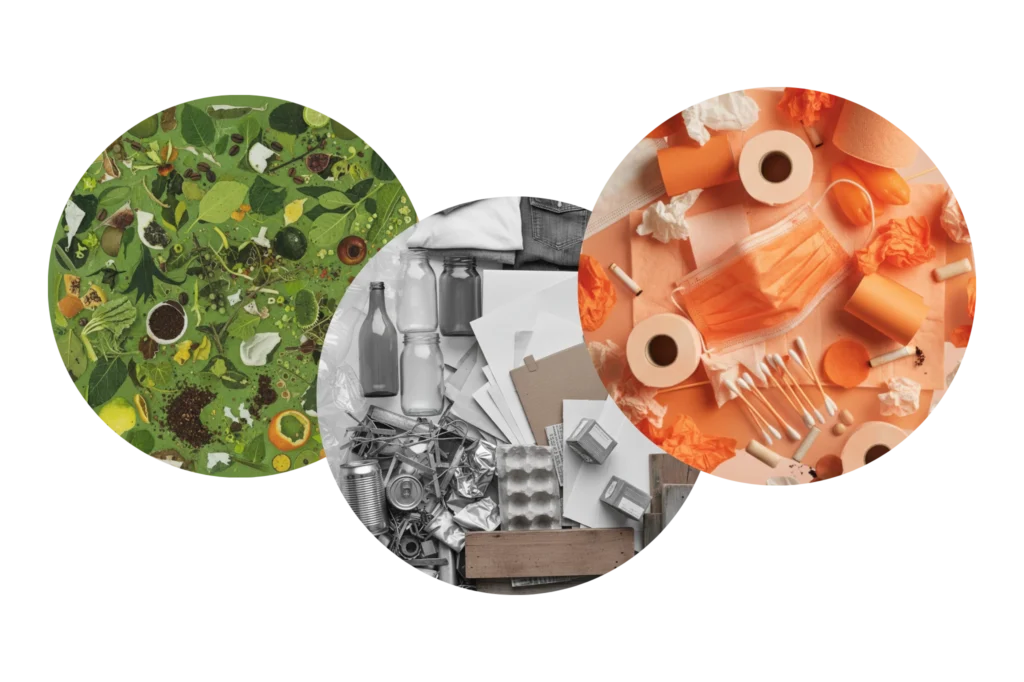 Guía visual que explica cómo separar la basura correctamente según los tres tipos de residuos.